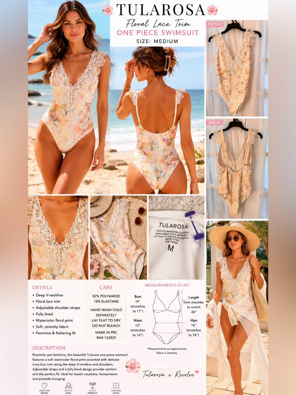 Tularosa Floral Lace Trim One Piece Swimsuit Medium Ivory Watercolor Deep V